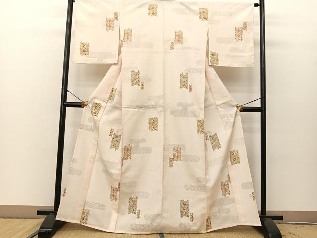 平和屋着物▽上質な紬　単衣　ヱ霞更紗花文　正絹　逸品　BAAS8195yc