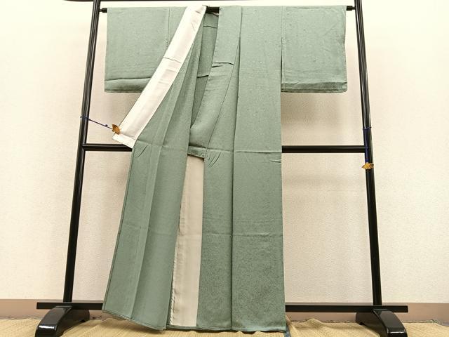 平和屋着物▽上質な色無地　単衣　泊散らし地紋　山葵色　正絹　逸品　未使用　BAAS8311hv