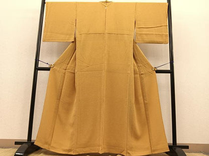 平和屋着物▽上質な色無地 単衣 ふくれ織り 黄朽葉色 正絹 逸品 BAAS8312hv