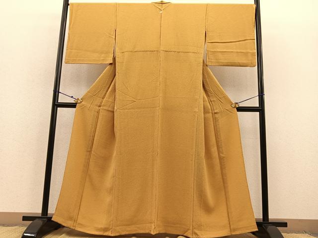 平和屋着物▽上質な色無地 単衣 ふくれ織り 黄朽葉色 正絹 逸品 BAAS8312hv