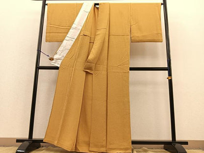 平和屋着物▽上質な色無地 単衣 ふくれ織り 黄朽葉色 正絹 逸品 BAAS8312hv