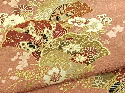 平和屋着物▽上質な小紋 単衣 檜扇花蝶文 金彩 正絹 逸品 BAAS8322hv