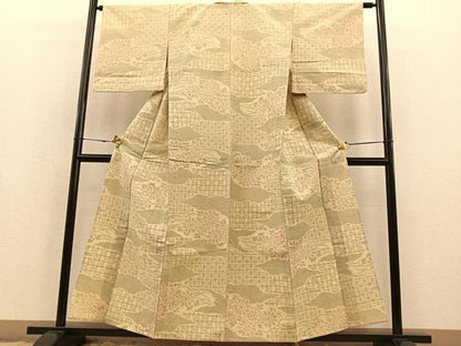 平和屋着物▽上質な紬 単衣 雲取り花文 正絹 逸品 BAAS8327hv