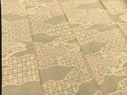 平和屋着物▽上質な紬 単衣 雲取り花文 正絹 逸品 BAAS8327hv