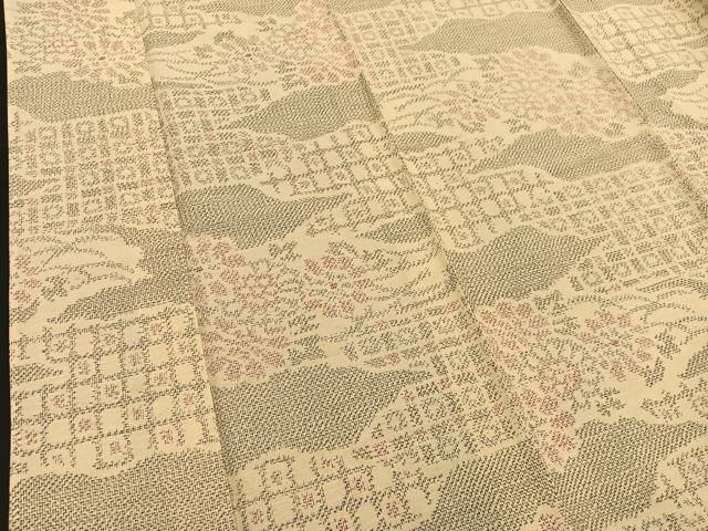 平和屋着物▽上質な紬 単衣 雲取り花文 正絹 逸品 BAAS8327hv