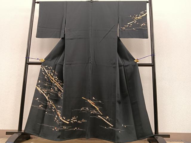 平和屋着物▽訪問着 単衣 刺繍 鬘帯花文 濃紺地 金彩 正絹 逸品 BAAS8335hv