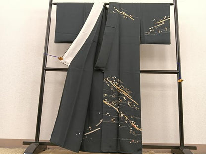 平和屋着物▽訪問着 単衣 刺繍 鬘帯花文 濃紺地 金彩 正絹 逸品 BAAS8335hv