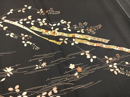 平和屋着物▽訪問着 単衣 刺繍 鬘帯花文 濃紺地 金彩 正絹 逸品 BAAS8335hv