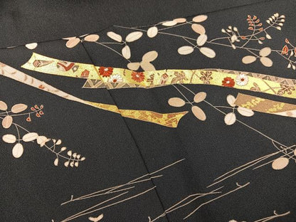 平和屋着物▽訪問着 単衣 刺繍 鬘帯花文 濃紺地 金彩 正絹 逸品 BAAS8335hv