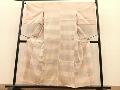 平和屋着物▽上質な小紋　単衣　横段文　お召縮緬　正絹　逸品　BAAS8337hv