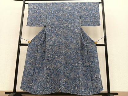 平和屋着物▽上質な小紋 単衣 型染め 草花文 鬼しぼ縮緬 正絹 逸品 BAAS8341hv