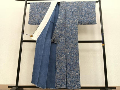 平和屋着物▽上質な小紋 単衣 型染め 草花文 鬼しぼ縮緬 正絹 逸品 BAAS8341hv