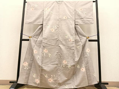 平和屋着物▽上質な紬　単衣　枝花文　正絹　逸品　BAAS8351hv