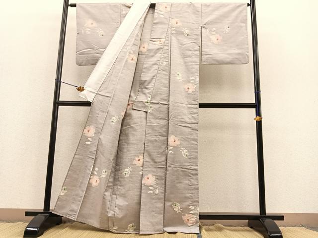 平和屋着物▽上質な紬　単衣　枝花文　正絹　逸品　BAAS8351hv