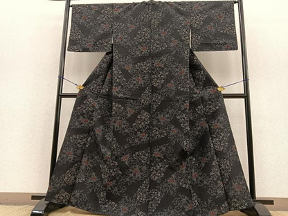 平和屋着物▽上質な紬 単衣 花唐草文 正絹 逸品 BAAS8357hv