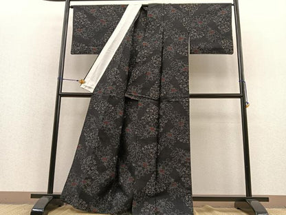 平和屋着物▽上質な紬 単衣 花唐草文 正絹 逸品 BAAS8357hv