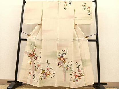 平和屋着物▽訪問着 単衣 草花文 暈し染め 金彩 正絹 逸品 BAAS8362hv