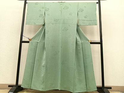 平和屋着物▽上質な色無地 単衣 貝合せ地紋 若葉色 正絹 逸品 BAAS8366hv