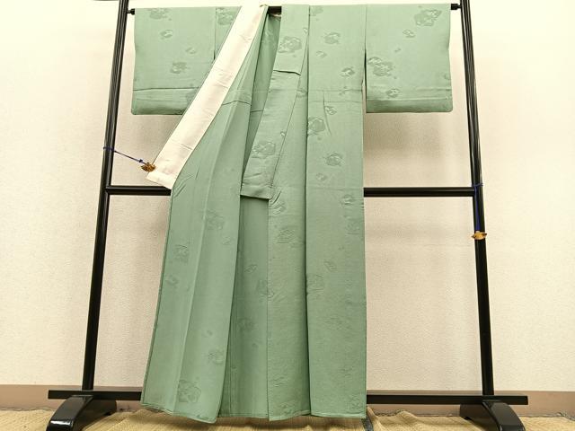 平和屋着物▽上質な色無地 単衣 貝合せ地紋 若葉色 正絹 逸品 BAAS8366hv