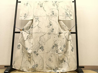平和屋着物▽染色家 岩浅公展 小紋 単衣 手描き 枝梅文 正絹 逸品 未使用 BAAS8380hv
