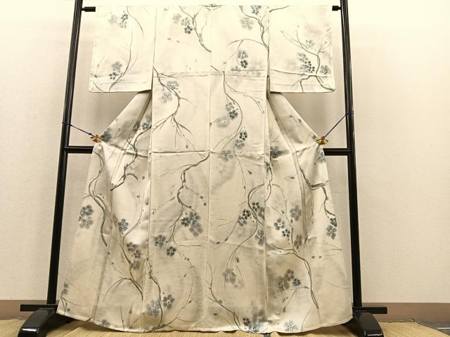 平和屋着物▽染色家 岩浅公展 小紋 単衣 手描き 枝梅文 正絹 逸品 未使用 BAAS8380hv