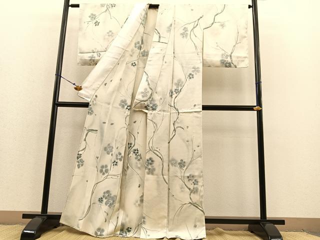平和屋着物▽染色家 岩浅公展 小紋 単衣 手描き 枝梅文 正絹 逸品 未使用 BAAS8380hv