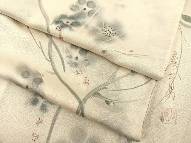 平和屋着物▽染色家 岩浅公展 小紋 単衣 手描き 枝梅文 正絹 逸品 未使用 BAAS8380hv