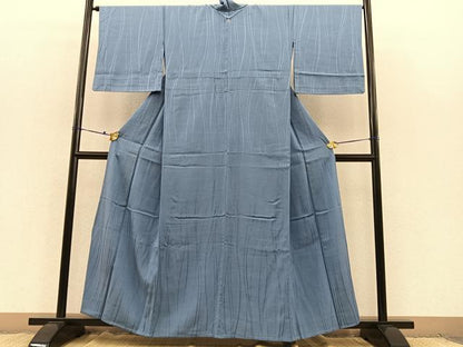 平和屋着物▽上質な色無地 単衣 流水地紋 青藤色 お召縮緬 正絹 逸品 BAAS8386hv