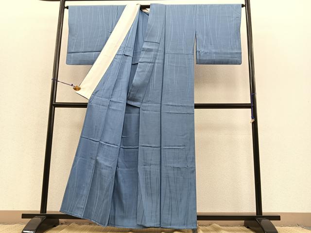 平和屋着物▽上質な色無地 単衣 流水地紋 青藤色 お召縮緬 正絹 逸品 BAAS8386hv