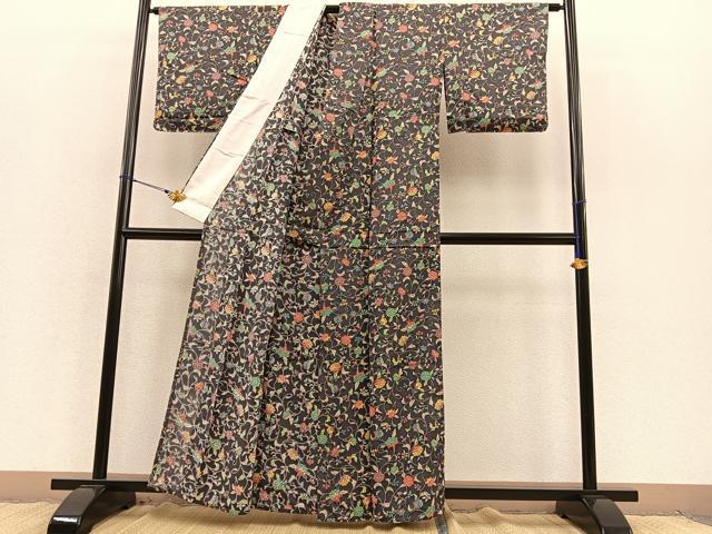 平和屋着物▽上質な小紋　単衣　花唐草文　正絹　逸品　CAAY6401gh