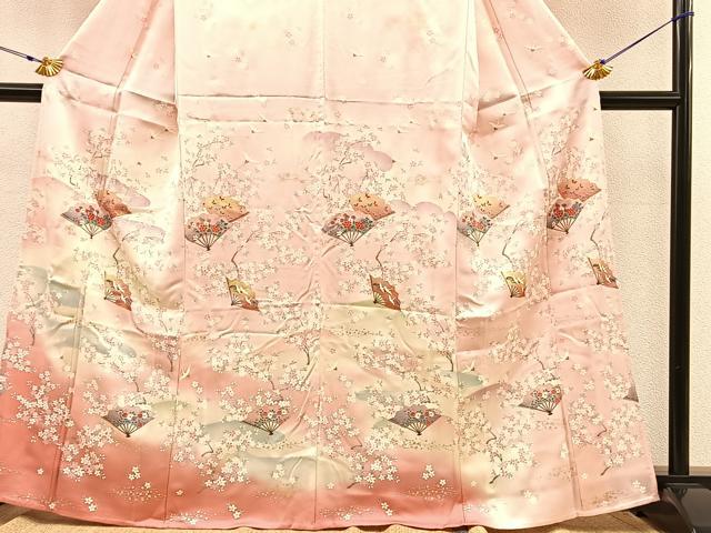 平和屋着物▽訪問着 単衣 飛鶴扇面花文 暈し染め 金銀彩 正絹 逸品 未使用 BAAS8389hv