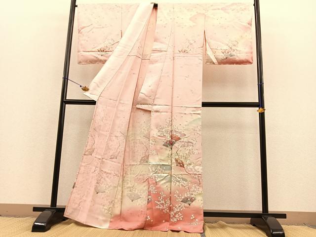 平和屋着物▽訪問着 単衣 飛鶴扇面花文 暈し染め 金銀彩 正絹 逸品 未使用 BAAS8389hv