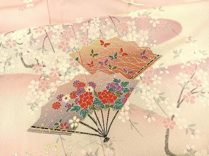 平和屋着物▽訪問着 単衣 飛鶴扇面花文 暈し染め 金銀彩 正絹 逸品 未使用 BAAS8389hv