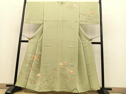 平和屋着物▽訪問着 単衣 駒刺繍 立波扇面花文 金彩 正絹 逸品 BAAS8394hv