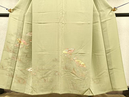 平和屋着物▽訪問着 単衣 駒刺繍 立波扇面花文 金彩 正絹 逸品 BAAS8394hv