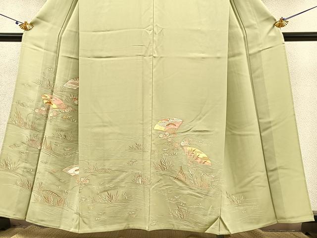 平和屋着物▽訪問着 単衣 駒刺繍 立波扇面花文 金彩 正絹 逸品 BAAS8394hv