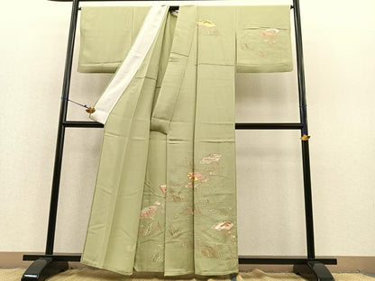 平和屋着物▽訪問着 単衣 駒刺繍 立波扇面花文 金彩 正絹 逸品 BAAS8394hv