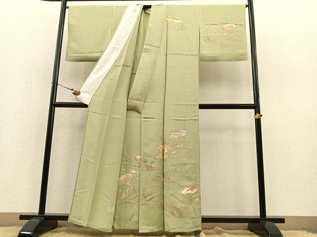 平和屋着物▽訪問着 単衣 駒刺繍 立波扇面花文 金彩 正絹 逸品 BAAS8394hv