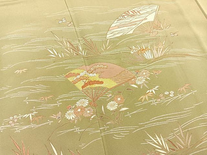 平和屋着物▽訪問着 単衣 駒刺繍 立波扇面花文 金彩 正絹 逸品 BAAS8394hv
