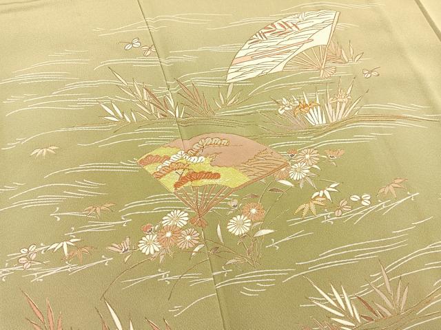 平和屋着物▽訪問着 単衣 駒刺繍 立波扇面花文 金彩 正絹 逸品 BAAS8394hv
