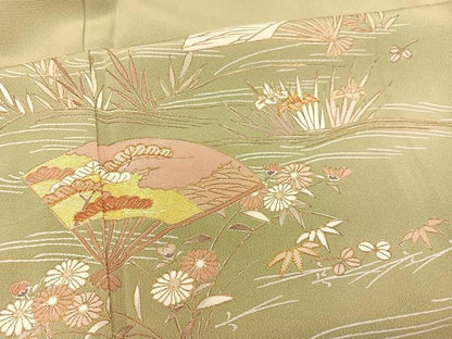 平和屋着物▽訪問着 単衣 駒刺繍 立波扇面花文 金彩 正絹 逸品 BAAS8394hv