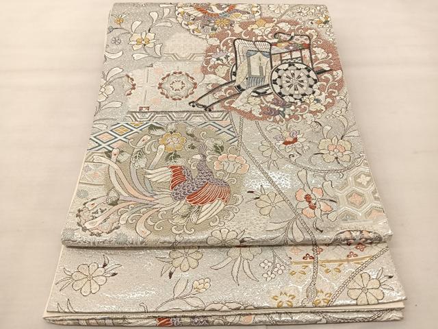 平和屋着物◎六通柄袋帯 御所車花鳥文 銀糸 正絹 逸品 BAAS8923ui
