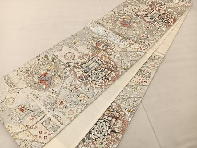 平和屋着物◎六通柄袋帯 御所車花鳥文 銀糸 正絹 逸品 BAAS8923ui