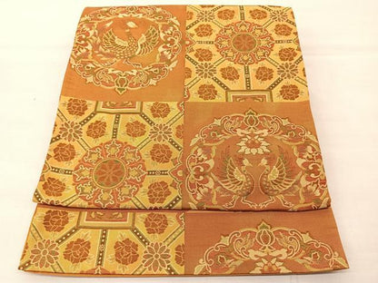 平和屋着物◎六通柄袋帯 市松花鳥文 正絹 逸品 BAAS8934ui