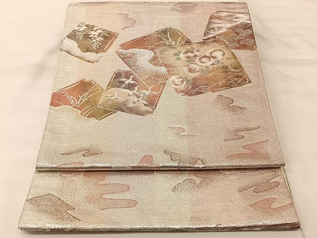平和屋着物◎六通柄袋帯 地紙花鳥文 銀糸 正絹 逸品 BAAS8937ui