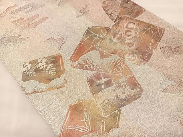 平和屋着物◎六通柄袋帯 地紙花鳥文 銀糸 正絹 逸品 BAAS8937ui