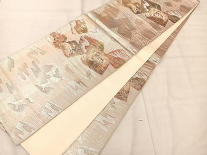 平和屋着物◎六通柄袋帯 地紙花鳥文 銀糸 正絹 逸品 BAAS8937ui