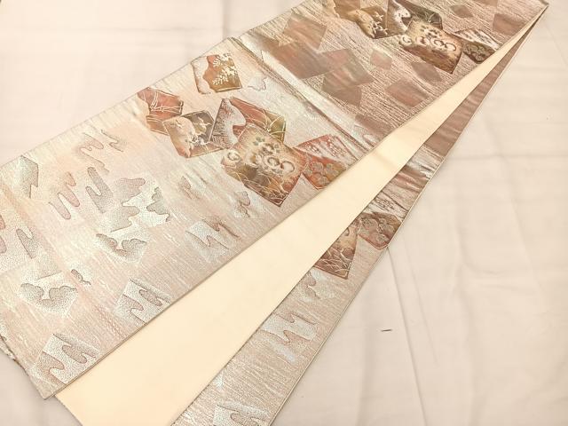 平和屋着物◎六通柄袋帯 地紙花鳥文 銀糸 正絹 逸品 BAAS8937ui