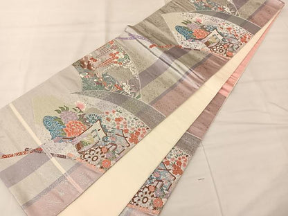 平和屋着物◎六通柄袋帯　地紙花鳥文　金銀糸　正絹　逸品　BAAS8944ui