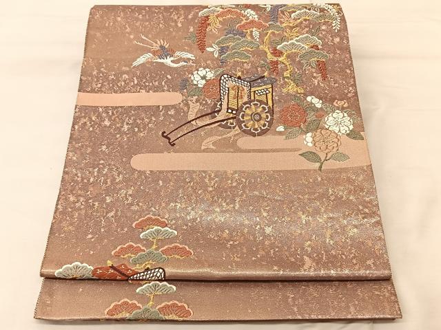 平和屋着物◎六通柄袋帯 唐織 御所車花鳥文 金糸 引箔 正絹 逸品 BAAS8957ui